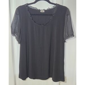 Black Ruffle Neck Sheer Sleeve Stretch Top Womens XL Chic Romantic Workwear